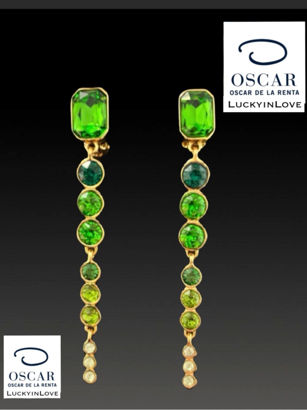Oscar de la Renta • Tapered Green Crystals CZ Drop Clip on Earrings.